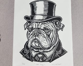 Linocut Hand Pulled Print Bull Dog Top Hat Titled "Top Dog" 2 unframed
