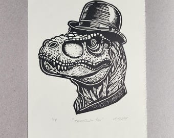 Linocut Hand Pulled Print T-Rex by Viana Unframed 8" x 10" - "TyrannoBowler Rex"