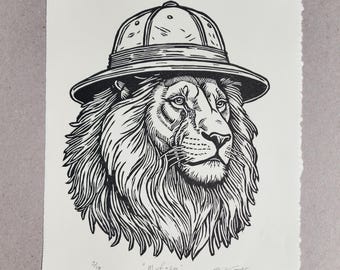 Linocut Hand Pulled Print Lion Safari Hat Titled "Mufasa" 2 unframed