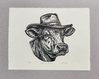 Linocut Hand Pulled Print Cow Titled "I'm a Farmer" 2 unframed