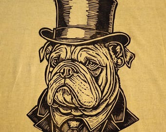 Hand Printed Yellow Shirt Linocut Bulldog Titled "Top Dog" Size Medium