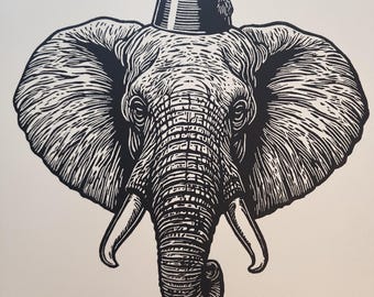 Impresión en linóleo de elefante tirada a mano. Edición limitada de solo 8