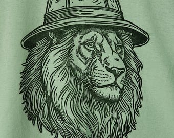 Hand Printed Mint Green Shirt Linocut Lion Titled "Mufasa" Size X-Large
