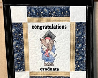 Quilted Graduation gnome wall hanging, quilted gnome graduation wall decor, gnome embroidery wall art, handmade graduation gift wallhanging