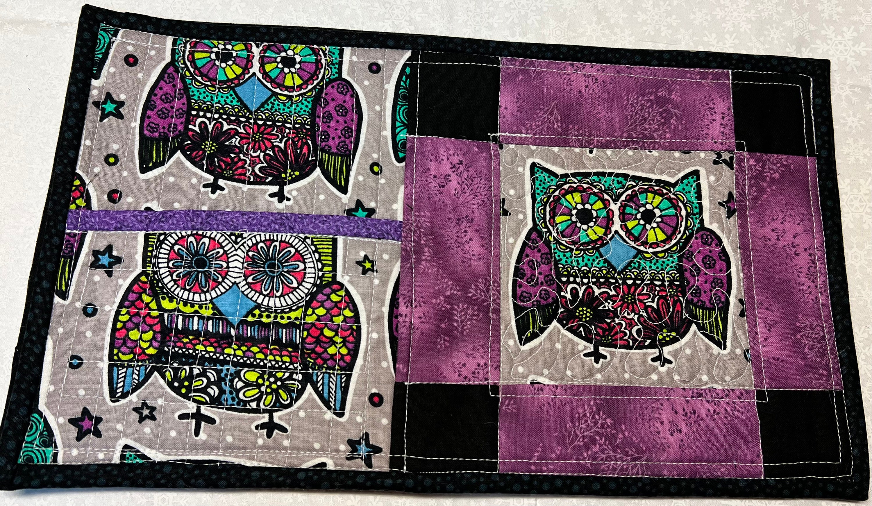 Quilted mug rugs, with pocket, hand made mug rugs, purple mug mats, owl mug rugs, owl mug mats, hand