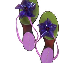Y2K Jelly Wedge Sandal Vintage Purple Thongs Whimsical Retro Summer Shoes Size 7