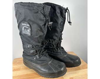 Bottes d'hiver lions de neige noires Sorel vintage pour femmes, nylon imperméable, caoutchouc, taille 7