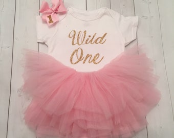 Wild One birthday outfit| Pink and gold girls first birthday outfit.