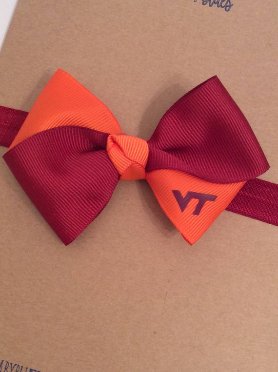 Virginia Tech hair bow. Tech baby. VT hair bow. Tech bow. Monogrammed orange and maroon bow. Elastic bow headband.