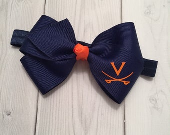 University of Virginia hair bow. UVA baby. Monogrammed blue and orange bow. Elastic bow headband. Virginia Cavaliers.