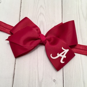 University of Alabama hair bow. Bama baby. Monogrammed crimson and white bow. Elastic bow headband. Alabama roll tide.