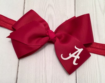 University of Alabama hair bow. Bama baby. Monogrammed crimson and white bow. Elastic bow headband. Alabama roll tide.