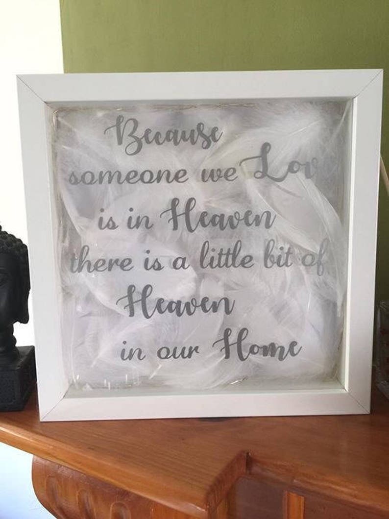 LED Lit Shadow Box Frame With White Feathers and Touching Vinyl Text