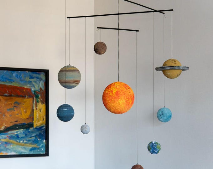 Larger Solar system planet mobile, Hanging Sun and planets model, Outer space nursery decor, Solar system in motion