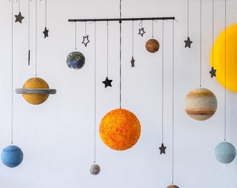 Solar system hanging model with stars, Sun and planets mobile, Outer space nursery, Galaxy decor, Solar system in motion, Planets decoration
