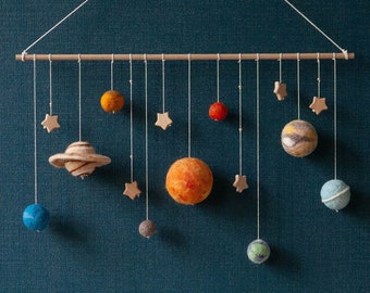 Space mobile, Wool felt sun, planets,  Felt Wall Hanging, Solar system wall decor, Childrens room & nursery, Galaxy decoration, Outer space