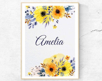 Personalized Name print, Yellow custom name print, Anemone poster, Nursery art digital file, Watercolor flowers, Girl's Room poster