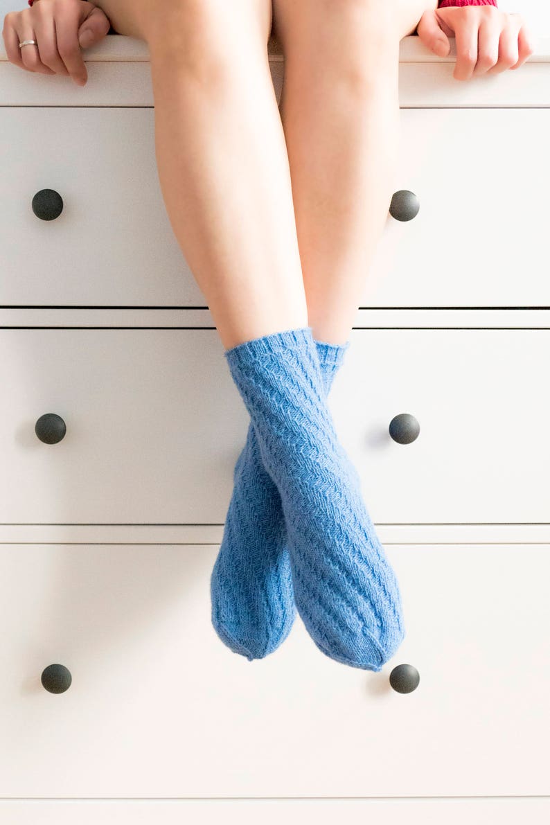 Hand knit wool socks. Lace socks. Blue socks. Gift for her. House socks. Lingerie socks. Bed socks. Autumn winter accessories. Cozy gift. image 1