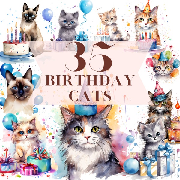 Birthday Cats Watercolor Clipart (35 transparent PNG files). Kitten Party and Cat celebration digital clipart with commercial license.