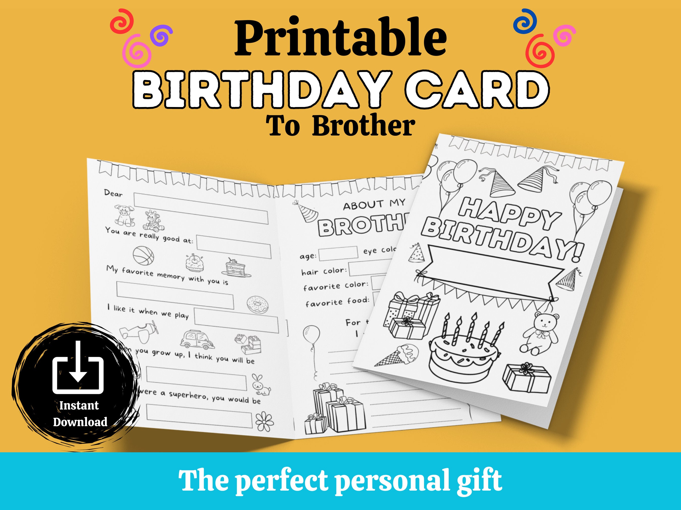 Happy Birthday Brother: Printable Coloring Card. Fill-in-the-blanks and ...