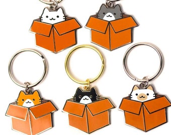 Box Cat Keychain - Enamel Charm - Cute Keyring Gift