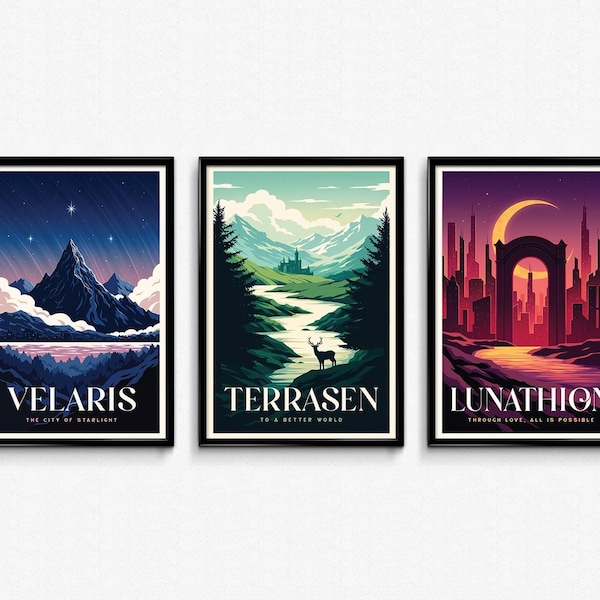 Paquete de pósteres de viaje del universo SJM: ACOTAR, Trono de Cristal, regalo de arte mural literario de Crescent City