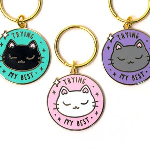Trying My Best Cat Keychain Enamel Charm Cute Keyring Gift image 1