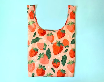 Strawberry Fields Reusable Shopping Bag - Eco-friendly Foldable Grocery Tote - Beach Summer Pool Bag