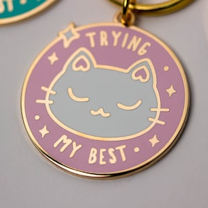 Trying My Best Cat Keychain Enamel Charm Cute Keyring Gift image 3