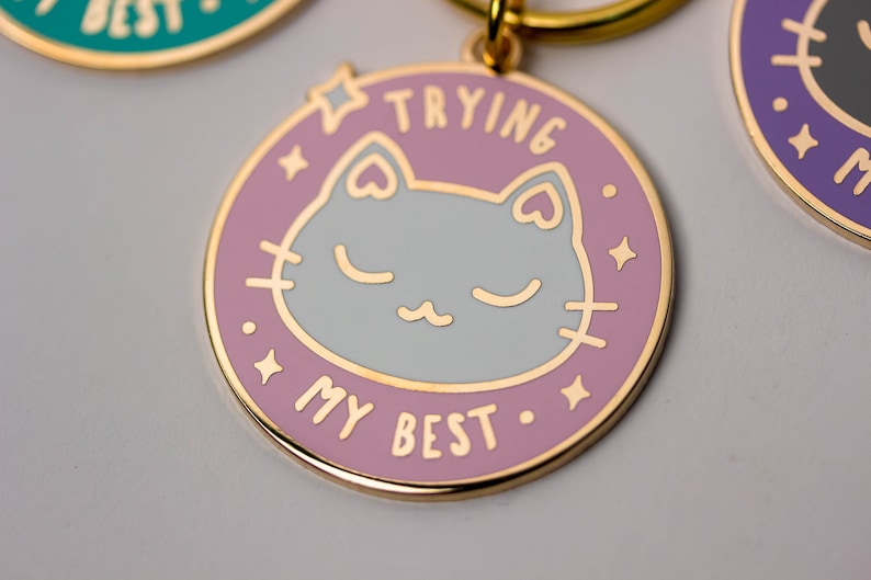Trying My Best Cat Keychain Enamel Charm Cute Keyring Gift image 3