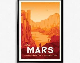 Mars Travel Poster - Sci fi Space Retro Poster Print Decor Gift