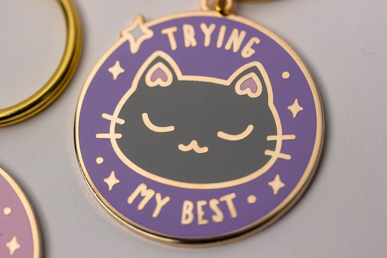 Trying My Best Cat Keychain Enamel Charm Cute Keyring Gift image 4