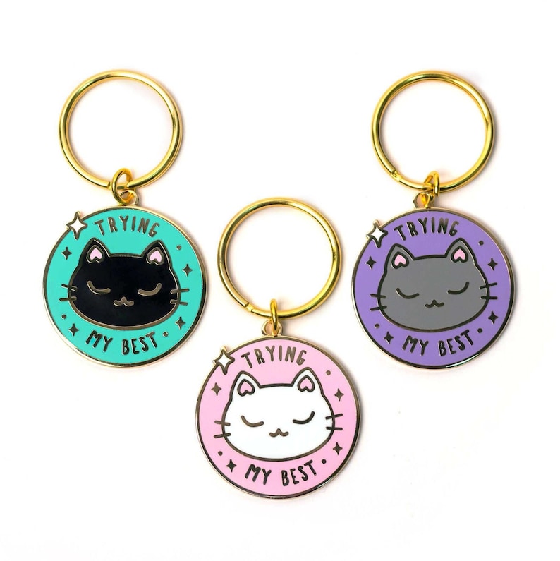 Trying My Best Cat Keychain Enamel Charm Cute Keyring Gift image 1