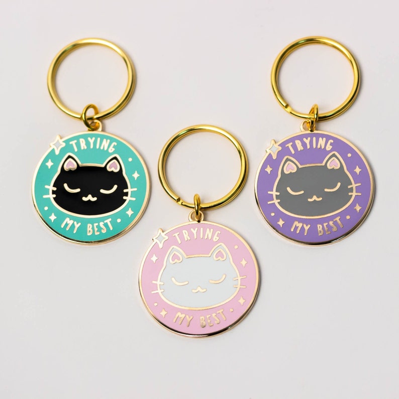 Trying My Best Cat Keychain Enamel Charm Cute Keyring Gift image 2