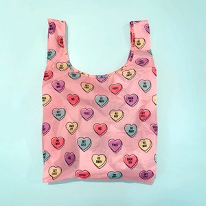 Conversation Hearts Reusable Shopping Bag Eco-friendly Foldable Grocery Tote Cute Stocking Stuffer Gift image 1