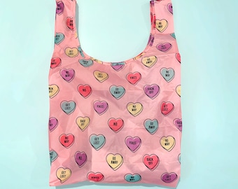 Conversation Hearts Reusable Shopping Bag - Eco-friendly Foldable Grocery Tote - Cute Stocking Stuffer Gift