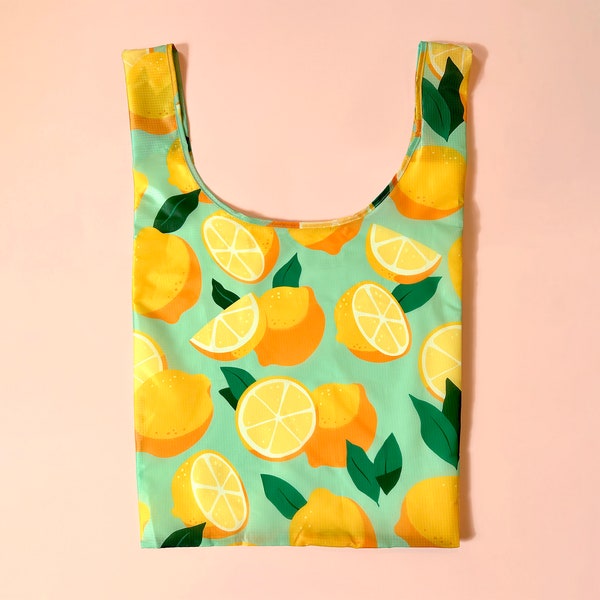 Lemon Citrus Reusable Shopping Bag - Eco-friendly Foldable Grocery Tote - Beach Summer Pool Bag