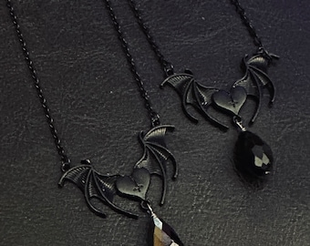 Pendant Necklaces - Bat Heart with Teardrop