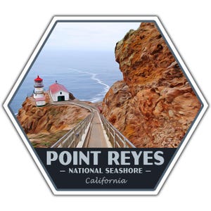May include: A hexagonal sticker with a scenic image of a lighthouse on a cliff overlooking the ocean. The text "POINT REYES - NATIONAL SEASHORE - California" is printed on the sticker.
