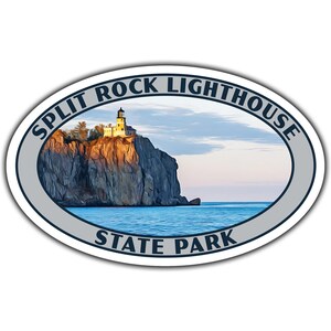 May include: A gray oval sticker with the text "Split Rock Lighthouse State Park" in a blue font. The sticker features a scenic image of a lighthouse on a cliff overlooking a body of water.