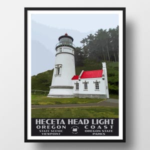 May include: A white lighthouse with a red roof stands tall against a backdrop of green trees. The lighthouse is labeled "Heceta Head Light, Oregon State Scenic Viewpoint, Oregon State Parks, Coast".