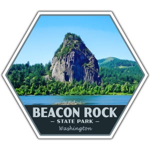 May include: A hexagonal sticker featuring a scenic view of Beacon Rock State Park in Washington. The image shows a large rock formation with a forest and a lake. The text "Beacon Rock - State Park - Washington" is displayed.