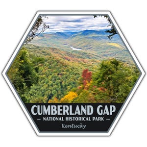 May include: A hexagonal sticker with a scenic view of Cumberland Gap National Historical Park in Kentucky. The sticker features a panoramic view of rolling hills, a winding river, and lush green trees. The text "CUMBERLAND GAP - NATIONAL HISTORICAL PARK - Kentucky" is printed on the sticker.