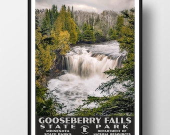 May include: A vintage travel poster for Gooseberry Falls State Park in Minnesota. The poster features a photograph of a waterfall cascading over rocks, surrounded by lush green trees. The text on the poster reads "Gooseberry Falls State Park, Minnesota State Parks, Department of Natural Resources."