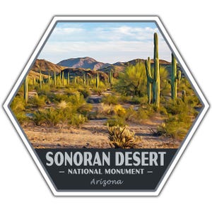 May include: A hexagonal sticker featuring a desert landscape with tall cacti, shrubs, and mountains under a blue sky. The text "SONORAN DESERT - NATIONAL MONUMENT - Arizona" is displayed in white and gray.