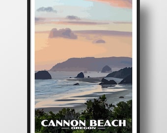 May include: A scenic sunset view of Cannon Beach, Oregon. The image shows a sandy beach with rocky outcroppings and a distant mountain range. The sky is a vibrant mix of pink, orange, and blue hues.