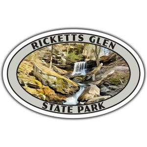 May include: A gray oval sticker with the text "Ricketts Glen State Park" in black lettering. The sticker features a photo of a waterfall in a forest setting.
