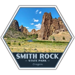 Peut inclure: Un autocollant hexagonal représentant le parc d'État de Smith Rock dans l'Oregon. L'image montre une rivière serpentant à travers un canyon avec de hautes formations rocheuses sous un ciel bleu nuageux. Le texte "SMITH ROCK - STATE PARK - Oregon" est en bas.