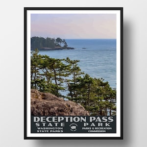 May include: A vintage-style poster featuring a scenic view of Deception Pass State Park in Washington. The poster features a blue and green color scheme with a photo of a body of water and trees. The text on the poster reads "Deception Pass State Park, Washington State Parks, Parks & Recreation Commission."