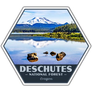 May include: A hexagonal sticker with a scenic image of a mountain reflected in a lake. The text "DESCHUTES - NATIONAL FOREST - Oregon" is printed on the sticker.
